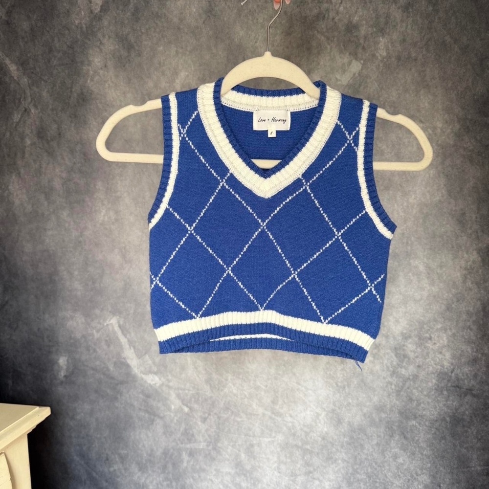 Blue and white argyle cropped mini sweater vest